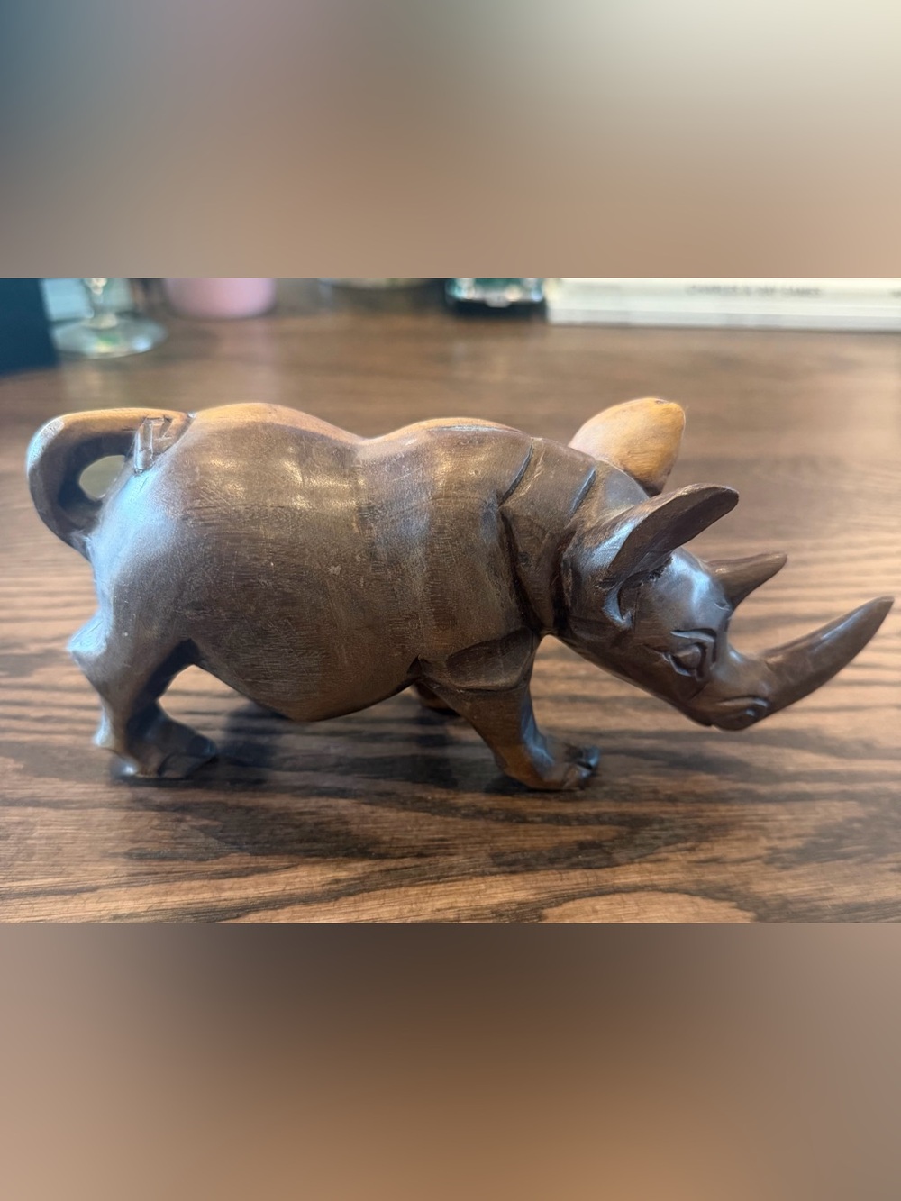 Vintage Hand-Carved Wooden Rhino Figurine - solid